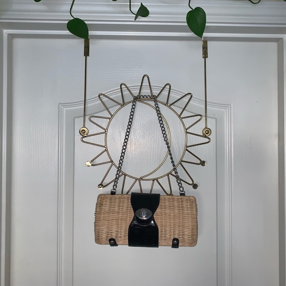 Wicker Purse w/ Silver Metal Chain & Black Leather